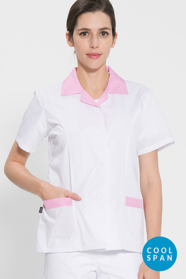 반팔 TC45수 쿨스판 위생복 셔츠(여성용) / 핑크체크